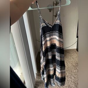 Black and Beige Patterned Striped Dress Shark bite hem